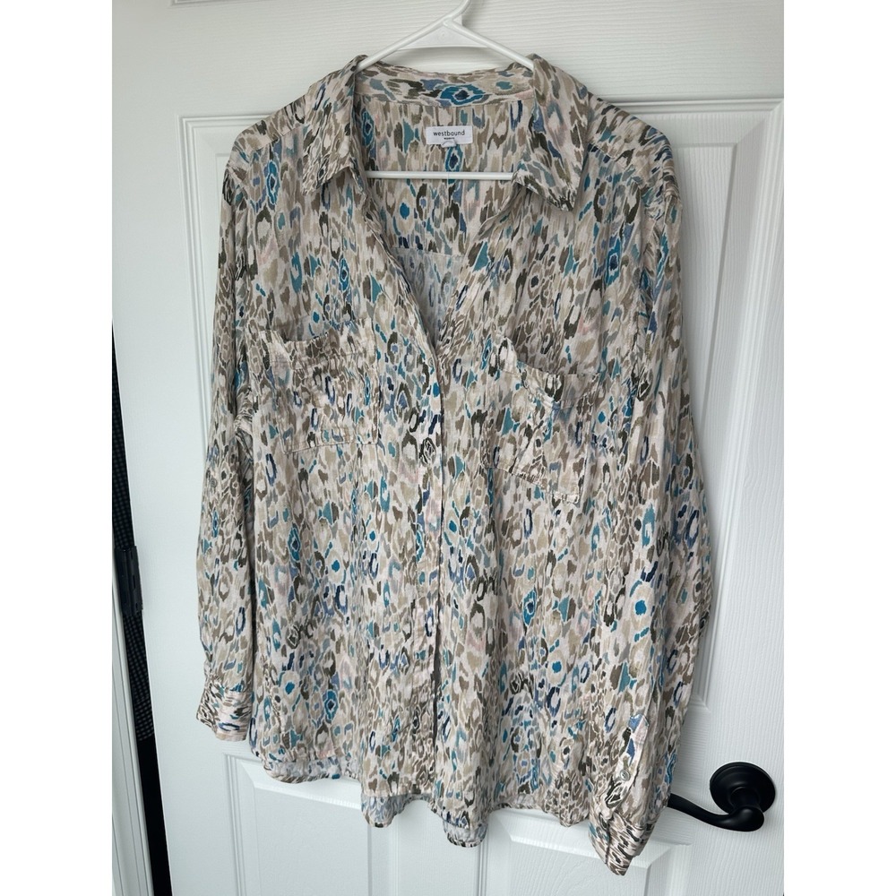 Westbound Woman Abstract Linen Button Up V Neck Blood Women's 2x Plus Sz NWOT
